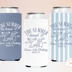Personalized The Summer I Turned Thirty Birthday Can Coolers, Custom 21st 30th 40th 50th Birthday Drink Sleeves, Coastal Beach Bday Favors