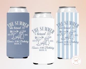 Personalized The Summer I Turned Thirty Birthday Can Coolers, Custom 21st 30th 40th 50th Birthday Drink Sleeves, Coastal Beach Bday Favors