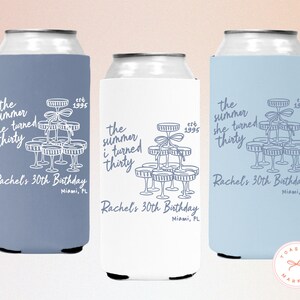 Personalized The Summer I Turned Thirty Birthday Can Coolers, Custom 21st 30th 40th 50th Birthday Drink Sleeves, Coastal Beach Bday Favors