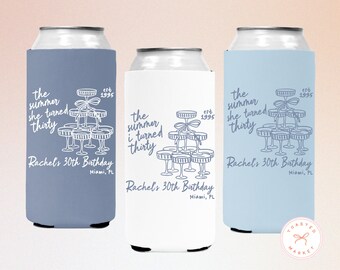 Personalized The Summer I Turned Thirty Birthday Can Coolers, Custom 21st 30th 40th 50th Birthday Drink Sleeves, Coastal Beach Bday Favors