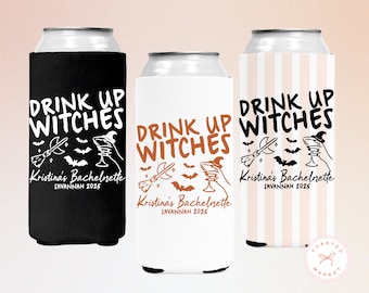 May include: Three can coolers with the text "DRINK UP WITCHES" and "Kristina's Bachelorette SAVANNAH 2025". One is black, one is white, and one is striped. Each features a witch's hat, broom, bats, and a cocktail.