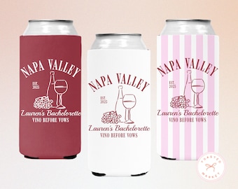 Personalized Winery Bachelorette Party Can Cooler, Vino Before Vows Drink Sleeves, Custom Napa Bach Favors, Wine Club Bridal Party Decor