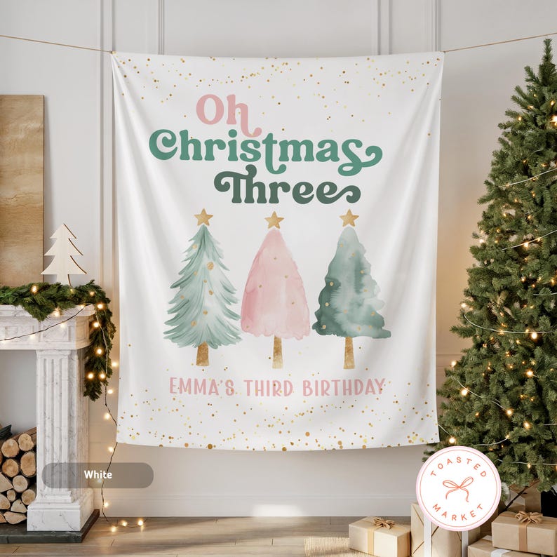 Oh Christmas Three Birthday Banner, Custom Christmas 3rd Birthday Tapestry, Christmas Third Birthday Decorations, Holiday Birthday Backdrop bild 1