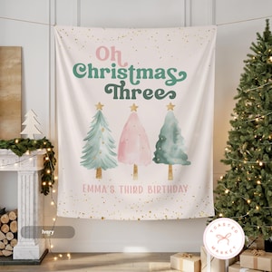Oh Christmas Three Birthday Banner, Custom Christmas 3rd Birthday Tapestry, Christmas Third Birthday Decorations, Holiday Birthday Backdrop bild 2