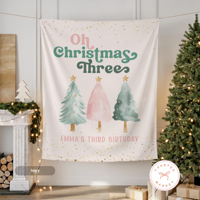 Oh Christmas Three Birthday Banner, Custom Christmas 3rd Birthday Tapestry, Christmas Third Birthday Decorations, Holiday Birthday Backdrop bild 2
