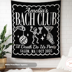 Custom Til Death Do Us Party Bachelorette Banner, Personalized Bride or Die Tapestry, Spooky Skeleton Photo Backdrop, Gothic Bride Decor