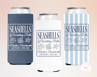 Seashells and Wedding Bells Bachelorette Can Coolers, Personalized Bach Drink Sleeve, Coastal Bachelorette Party Favors, Beach Can Holder