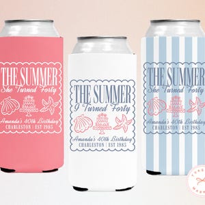 Personalized The Summer I Turned Thirty Birthday Can Coolers, Custom 21st 30th 40th 50th Birthday Drink Sleeves, Coastal Beach Bday Favors