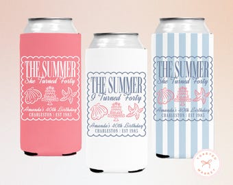 Personalized The Summer I Turned Thirty Birthday Can Coolers, Custom 21st 30th 40th 50th Birthday Drink Sleeves, Coastal Beach Bday Favors