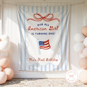 All American Girl Birthday Banner, Fourth of July Birthday Backdrop, Patriotic 1st Birthday Party Tapestry, All American Dude Birthday Decor