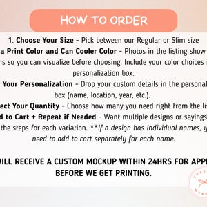 Puede incluir: Un gr&aacute;fico con instrucciones sobre c&oacute;mo pedir un producto personalizado. Los pasos incluyen la elecci&oacute;n del tama&ntilde;o, el color de impresi&oacute;n y los detalles de personalizaci&oacute;n. El texto promete una maqueta personalizada en 24 horas.