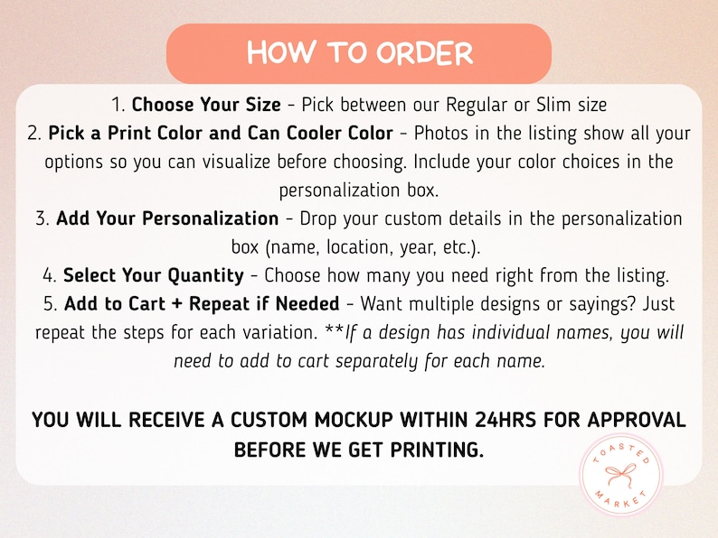 Puede incluir: Un gr&aacute;fico con instrucciones sobre c&oacute;mo pedir un producto personalizado. Los pasos incluyen la elecci&oacute;n del tama&ntilde;o, el color de impresi&oacute;n y los detalles de personalizaci&oacute;n. El texto promete una maqueta personalizada en 24 horas.