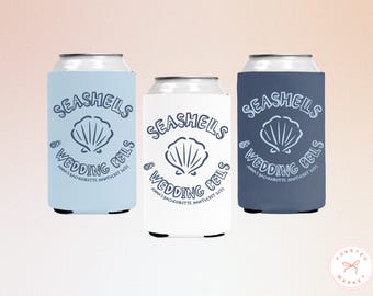Seashells and Wedding Bells Bachelorette Can Cooler, Custom Beach Bachelorette Drink Sleeve, Coastal Bachelorette Party Favor, Seashell Gift