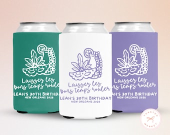 May include: Three can coolers in teal, white, and purple, each with a white Mardi Gras-themed design and the text "Laissez les bons temps rouler." The text "LEAH'S 30TH BIRTHDAY NEW ORLEANS 2026" is also printed on each cooler.