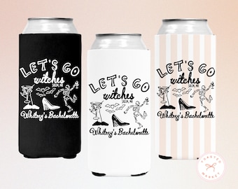 May include: Three can coolers with the text "Let's Go Witches, Salem, MA, Whitney's Bachelorette" in black and white. One cooler is black, one is white, and one is striped with pink and white.