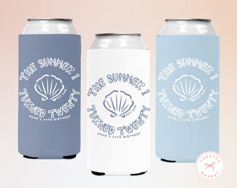 Personalized The Summer I Turned Thirty Birthday Can Coolers, Custom 21st 30th 40th 50th Birthday Drink Sleeves, Coastal Beach Bday Favors