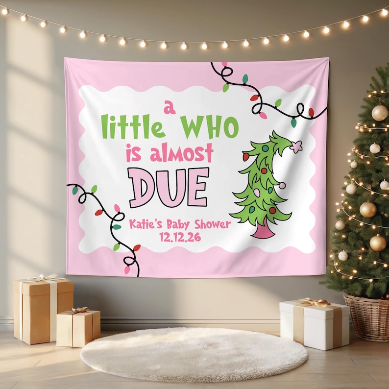 Fondo navideño para baby shower, tapiz navideño "Un pequeño que está por nacer", baby shower con bastones de caramelo rojos y verdes, baby shower con temática navideña para bebé Pink