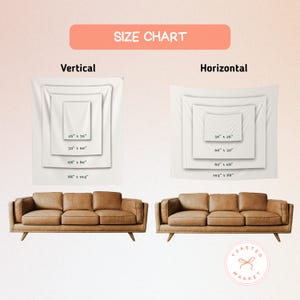 Pu&ograve; includere: Grafico delle taglie che mostra le dimensioni verticali e orizzontali degli arazzi. Le dimensioni verticali sono 66cm x 91cm, 127cm x 152cm, 173cm x 203cm e 223cm x 264cm. Le dimensioni orizzontali sono 91cm x 66cm, 152cm x 127cm, 203cm x 173cm e 264cm x 223cm.