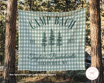 Custom Camp Bachelorette Tapestry, Personalized Family Camping Banner, Girls Weekend Backdrop, Mountain Birthday Party Cabin Welcome Sign