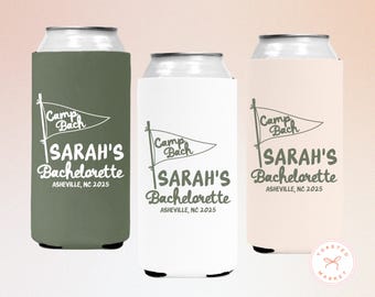 Camp Bachelorette Can Coolers, Personalized Camp Bach Drink Can Sleeves, Camping Bachelorette Party Favors, Girls Weekend Trip