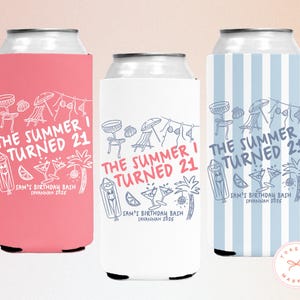 Personalized The Summer I Turned Thirty Birthday Can Coolers, Custom 21st 30th 40th 50th Birthday Drink Sleeves, Coastal Beach Bday Favors