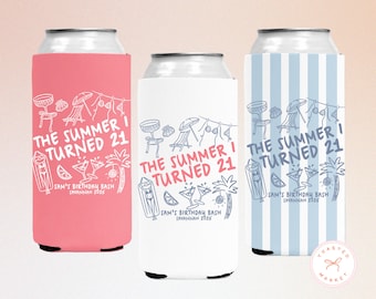 May include: Three can coolers in pink, white, and blue with a summer-themed design. Each cooler has the text "THE SUMMER I TURNED 21" and "SAM'S BIRTHDAY BASH SAVANNAH 2026" with illustrations of beach items.