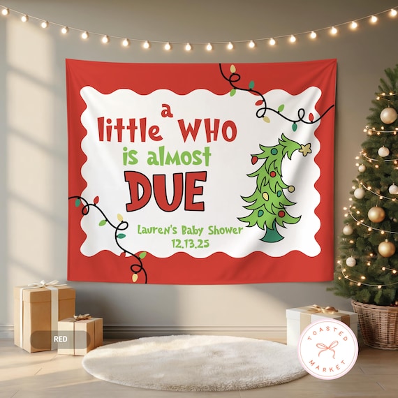 Christmas Baby Shower Backdrop, A Little Who Is Due Holiday Tapestry, Red & Green Candy Cane Baby Shower, Xmas Theme Shower For Baby