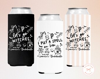 May include: Three can coolers with Halloween-themed designs. One is black with "Let's go Witches" text, another is white with "I put a spell on him", and the third is striped with the same "Let's go Witches" text. All feature witchy graphics.