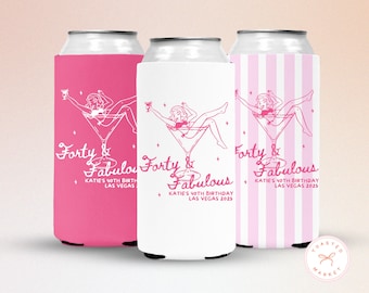 May include: Three can coolers in pink, white, and pink striped patterns. Each cooler features a martini glass design with a woman inside and the text "Forty & Fabulous" with event details.