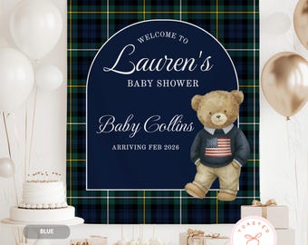 We Can Bearly Wait Baby Shower Banner, Polo Teddy Bear Baby Shower Backdrop, Vintage Bear Decorations, Luxury Plaid Baby Shower Welcome Sign
