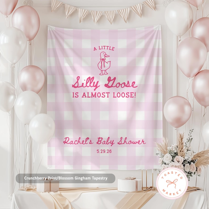 Pu&ograve; includere: Un arazzo a quadretti rosa e bianco con il testo "A Little Silly Goose Is Almost Loose!" e "Rachel's Baby Shower 5.29.26". L'arazzo &egrave; decorato con palloncini e composizioni floreali.