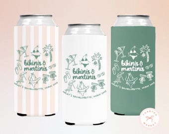 May include: Three can coolers in pastel colors, each featuring a unique design. The coolers are white, striped, and green, with the words "bikinis & martinis" and related graphics. Text at the bottom reads "Haley's Bachelorette, Miami 2025".