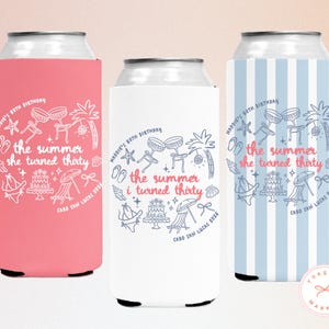 Personalized The Summer I Turned Thirty Birthday Can Coolers, Custom 21st 30th 40th 50th Birthday Drink Sleeves, Coastal Beach Bday Favors