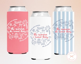 Personalized The Summer I Turned Thirty Birthday Can Coolers, Custom 21st 30th 40th 50th Birthday Drink Sleeves, Coastal Beach Bday Favors