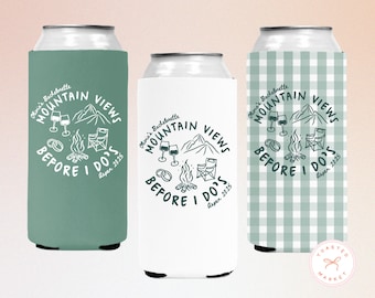 Enfriador de latas "Vistas a la montaña antes de irme", fundas personalizadas para latas de bebidas de despedida de soltera, recuerdos personalizados para despedidas de soltero de la tripulación de cabina