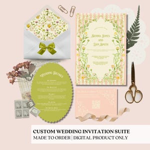 Peut inclure: Une suite de faire-part de mariage personnalisée avec un design floral. L'ensemble comprend une invitation, une carte de réponse, une carte de détails et une enveloppe avec un nœud vert. Le texte dit "Sierra Jones and Dam Smith".