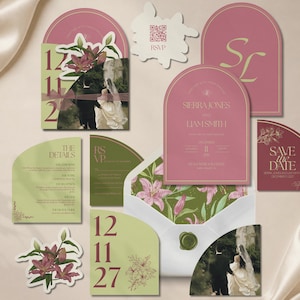 May include: A wedding stationery set featuring arch-shaped cards in dusty rose and sage green. Includes a photo of a couple, floral illustrations, and text reading Sierra Jones and Liam Smith, Save the Date, and RSVP with a QR code.