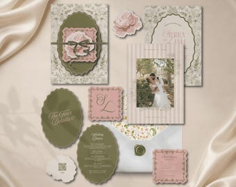 Puede incluir: Un conjunto de papelería de boda con tarjetas en verde oliva y rosa empolvado, motivos florales, bordes festoneados y una tarjeta con foto. Incluye un sobre blanco con sello de cera, una tarjeta con código QR y el texto Sierra and Liam.