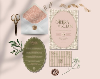 Plantilla de invitación de boda floral caprichosa en rosa y verde en Canva. Invitaciones de boda con flores silvestres. Código QR editable. Tarjeta de confirmación de asistencia (RSVP).