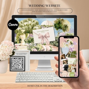 Op de afbeelding: Een computermonitor en smartphone tonen een trouwwebsite-sjabloon met aquarel tuinafbeeldingen, een digitale uitnodiging met een strik en een QR-code. Het scherm toont tekst waaronder WEDDING WEBSITE, LIVE COUNTDOWN en SCAN TO EXPERIENCE.