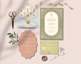 May include: A wedding stationery set featuring a sage green invitation with floral borders, a scalloped-edge dusty rose details card, and a response card with a QR code. An envelope with a patterned liner and gold wax seal is included.