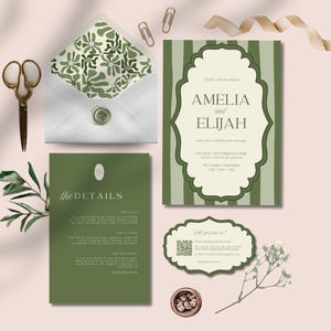 May include: An invitation suite featuring olive green and cream colors. The suite includes an invitation, details card, RSVP card, and envelope with a floral liner. Gold scissors, paper clips, and a ribbon are also included.
