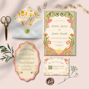 May include: A wedding invitation suite featuring a main card, a details card with a scalloped edge, and an envelope with a floral patterned liner. The stationery displays text including Sierra Jones & Liam Smith, Wedding Details, and The Favor of a Reply.