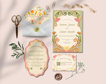 May include: A wedding invitation suite featuring a rectangular invitation, a scalloped details card, and a reply card with a QR code. The stationery displays a cream background with vertical olive stripes, orange and pink floral motifs, and gold wax seal.