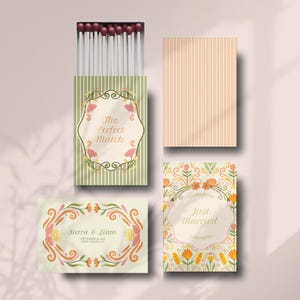 May include: A set of matchboxes and cards featuring floral designs. One matchbox displays green stripes and the text The Perfect Match. A card shows Sierra & Liam with floral borders. Another card features orange stripes, and a final card says Just Married.