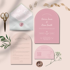 Può includere: Una presentazione piatta di cancelleria per matrimoni, tra cui un invito rosa, una scheda RSVP e una scheda dettagli. Sono presenti anche una busta con un motivo floreale e un sigillo di cera, forbici, fermagli e nastro. L'invito presenta i nomi Sierra Jones & Liam Smith.