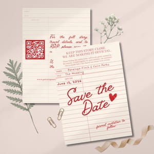 Op de afbeelding: Save the date trouwkaart met rode tekst op een crèmekleurige achtergrond. De uitnodiging bevat de tekst "Save the Date" met een hartje en "formal invitation to follow". De datum is 12 juni 2026.