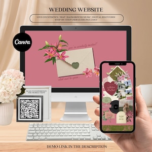 以下が含まれることがあります： コンピューターモニターとスマートフォンに、ピンクの背景、花のイラスト、封筒のグラフィックが描かれた結婚式ウェブサイトのテンプレートが表示されています。画面には「WEDDING WEBSITE」や「you're cordially invited」などのテキストとQRコードが含まれています。