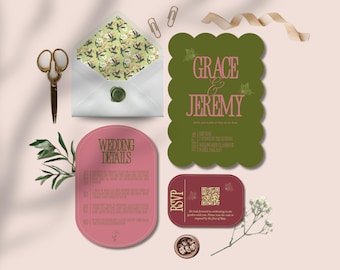 May include: A flat lay of wedding stationery, including an invitation with the names "Grace & Jeremy" in pink on a green scalloped card. Other items include an envelope, RSVP card, and details card.