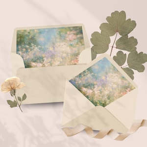 May include: Two cream-colored envelopes with floral art inside, one open and one partially open. A dried rose and green leaves are arranged near the envelopes. A beige ribbon is draped near the bottom envelope.